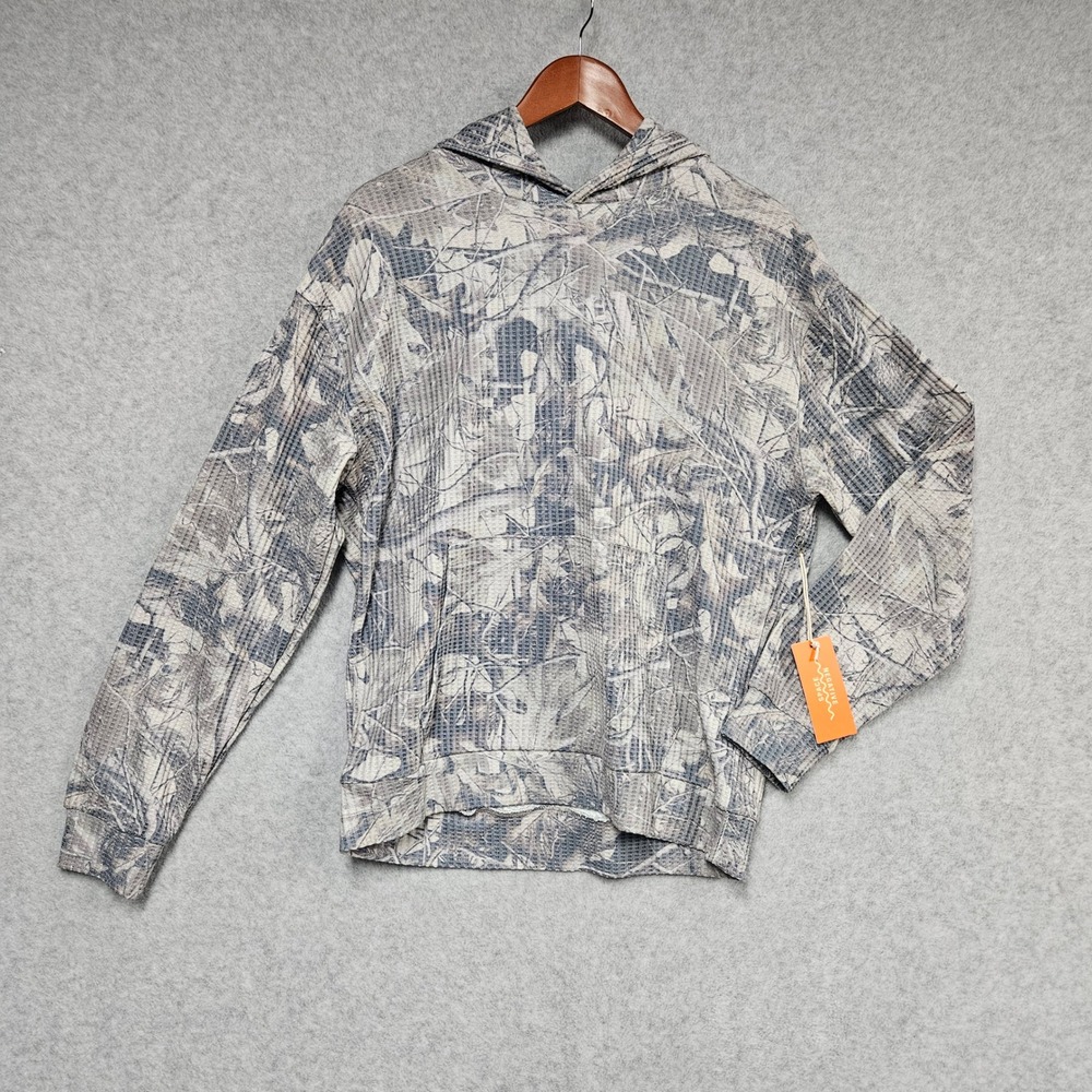 Negative Space Hoodie Men M Grey Blue Abstract Foliage Waffle Knit Pullover